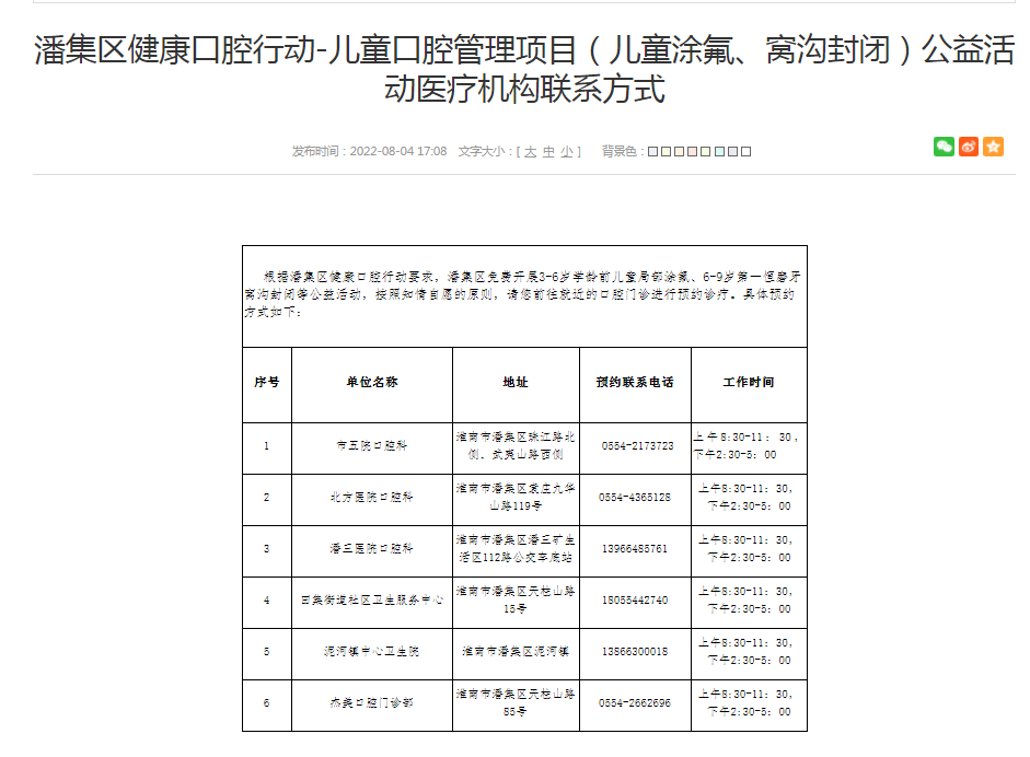 淮南潘集區(qū)健康口腔行動(dòng)-兒童口腔管理項(xiàng)目（兒童涂氟、窩溝封閉）公益活動(dòng)醫(yī)療機(jī)構(gòu)聯(lián)系方式