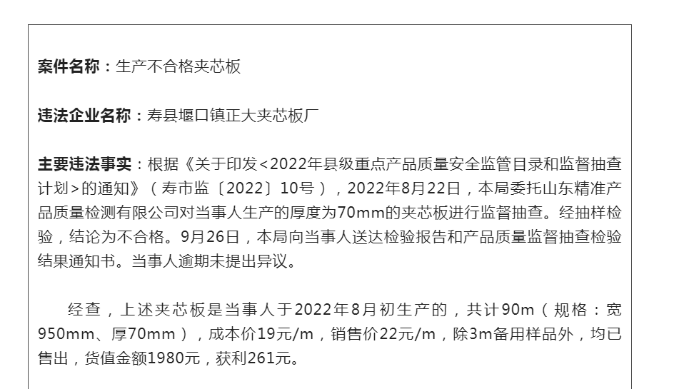 淮南壽縣堰口正大夾芯板廠因生產(chǎn)不合格夾芯板被罰2000元！